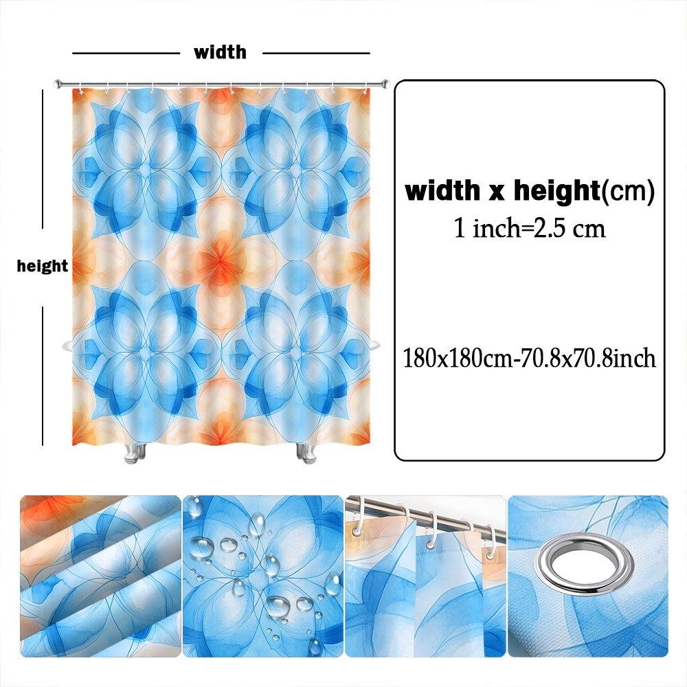 1pc Abstract Floral Shower Curtain - Symmetrical Blue & Peach Flowers On White, Polyester,  Machine Washable, Bathroom Decor