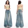 Spring Summer Vintage Sandblast Washed Relaxed Micro Flare Stylish Daily Casual Denim Pants Ladies Casual Pants Oversize Denim Trousers