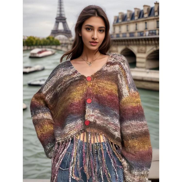Women Fringe Cardigan Sweater Autumn Winter Loose Knit Shirt Color Single Row Button S жёлтый