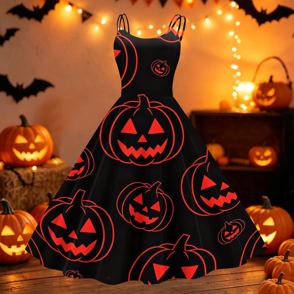 Women Halloween Printed Off Shoulder Vintage Punk Dress Sleeveless Swing Dress Party Dress with Adjustable Straps