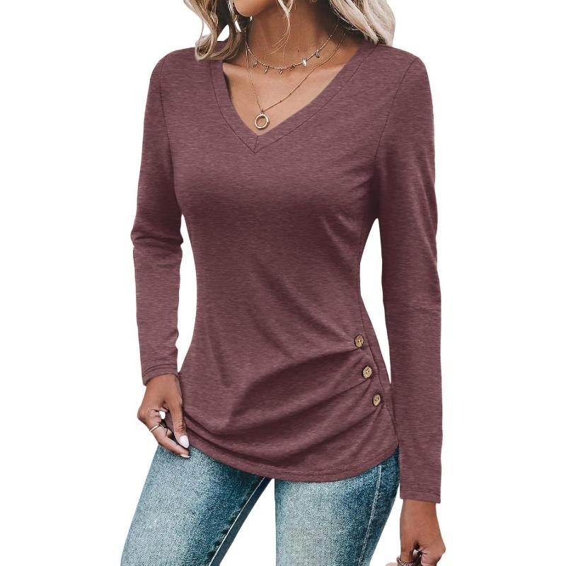 Women's Loose Fashion Solid Colour Long Sleeve Top Button Detail Knitted Multi Stretch Comfort T Shirt