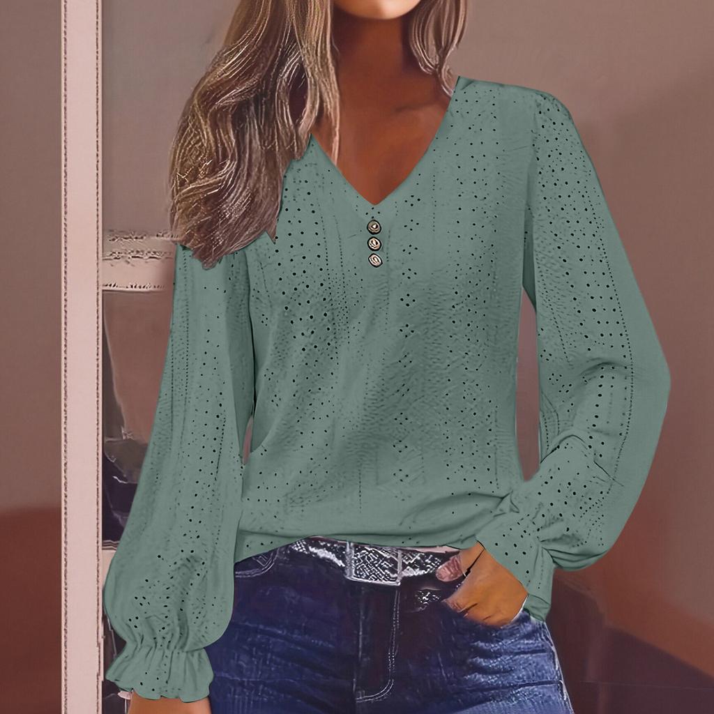 Women's V-neck T-shirt With Spring  Hollow Out Casual Pleated Sleeve Top