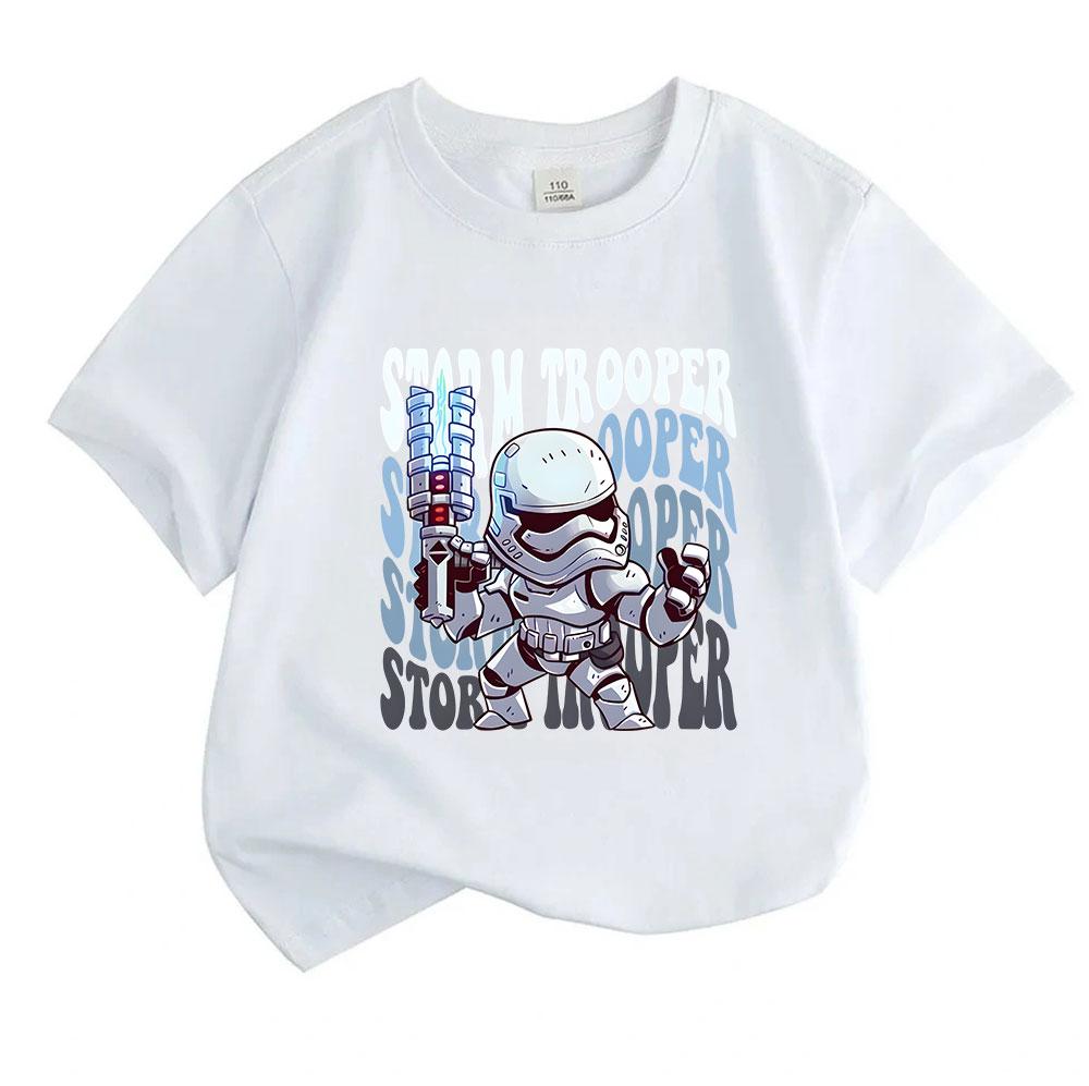 Kids Boys Girls 100% Cotton Crew Neck Short Sleeve T-Shirt, Cute Cartoon Chibi Storm Trooper Print Casual Summer Tee for Daily Wear