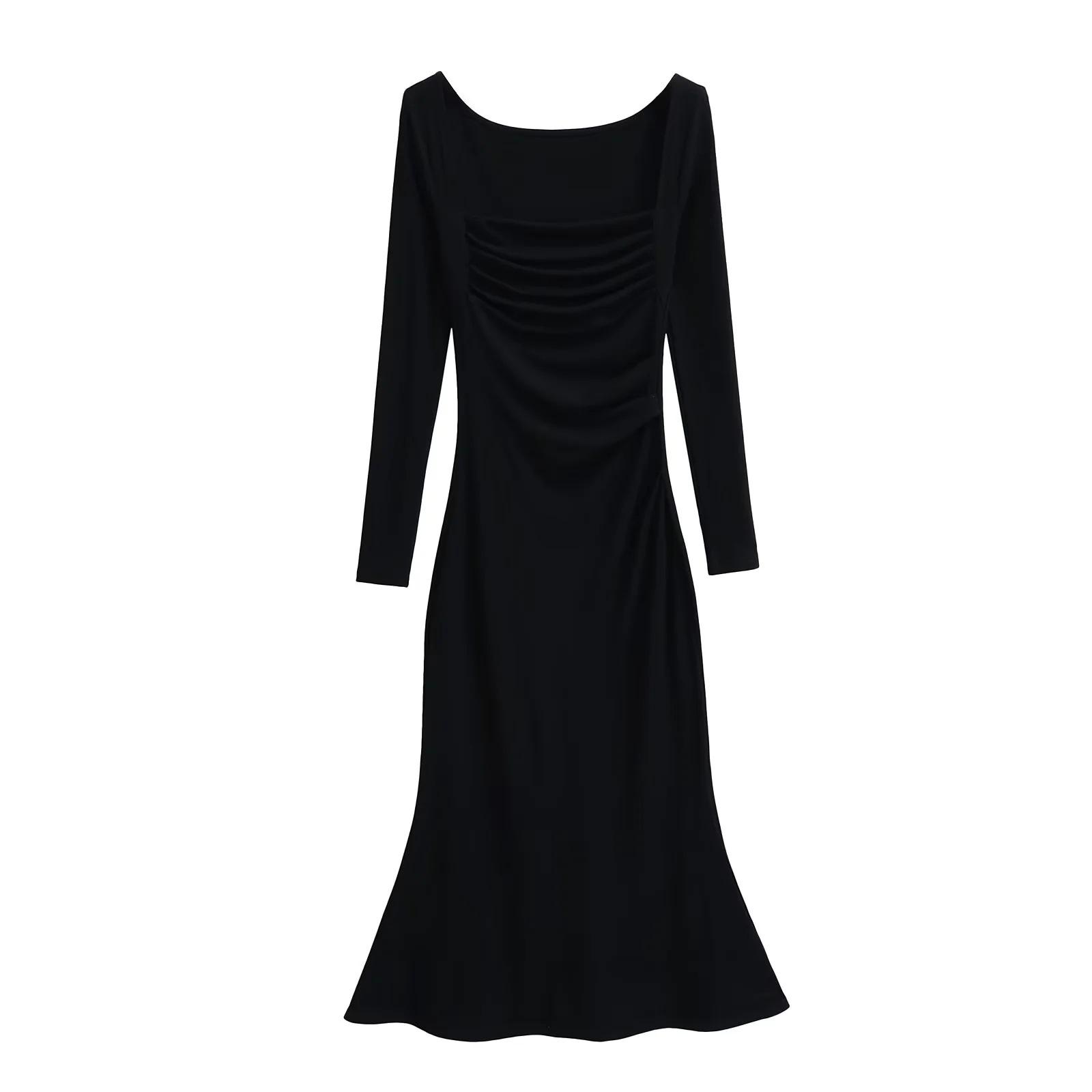 

Elegant Ruched Mermaid Maxi Dress with Square Neck, Waist-Cinched Fit, and Flared Hem for Women, Autumn/Winter Medium чорний