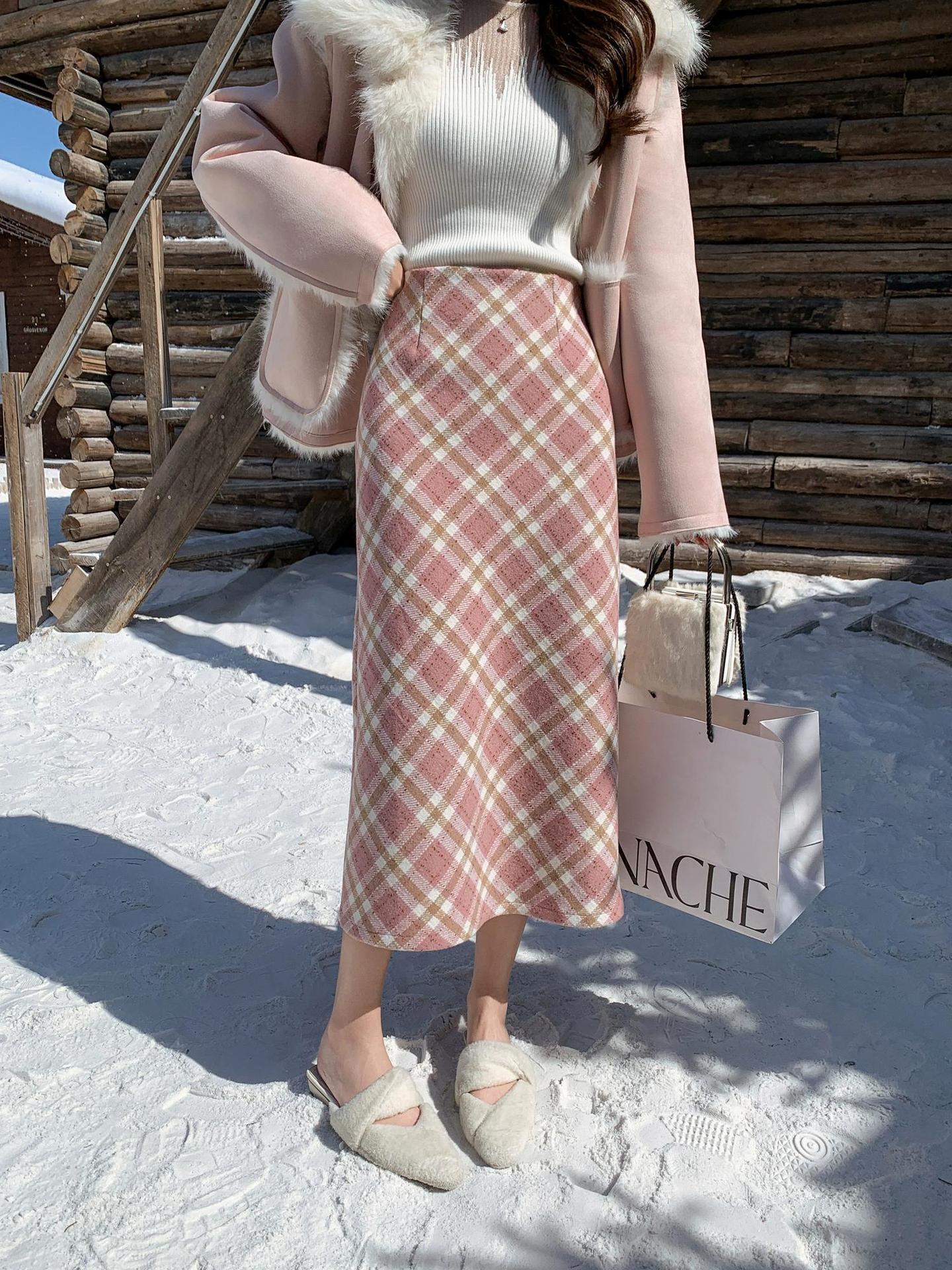 

Plus Size Women s High Waist Plaid Wool Skirt – Slimming A-line with Slit for Autumn XL розовый