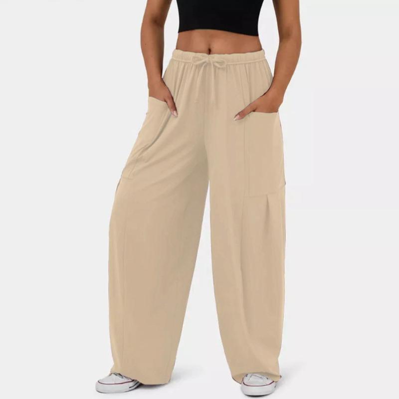 Women's Fashionable Elastic Waist Pleated Wide-leg Pocket High Waist Pants Casual Loose Trousers