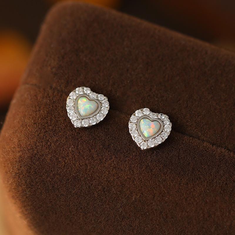 

925 Sterling Silver Opal Shining Zirconia Heart Earrings for Women Exquisite Retro Party Jewelry Accessories серебряный