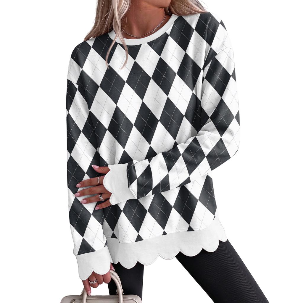 Women's Crewneck Sweatshirt with Scalloped Wavy Hem and Print for Casual Everyday Wear