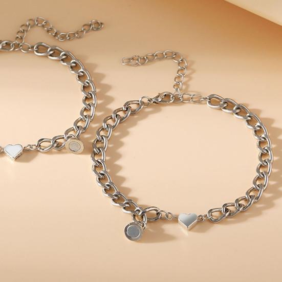 1 Pair Couple Bracelets Solid Color Smooth Edge Polished Matching Heart Pendant Couple Hand Chain Gift
