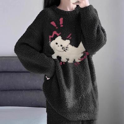 Women's Winter Warm Pajamas Sets Comfortable Long Sleeved Print Color Jacquard Thickened Loose Fleece Pullover 2 Piece Sets