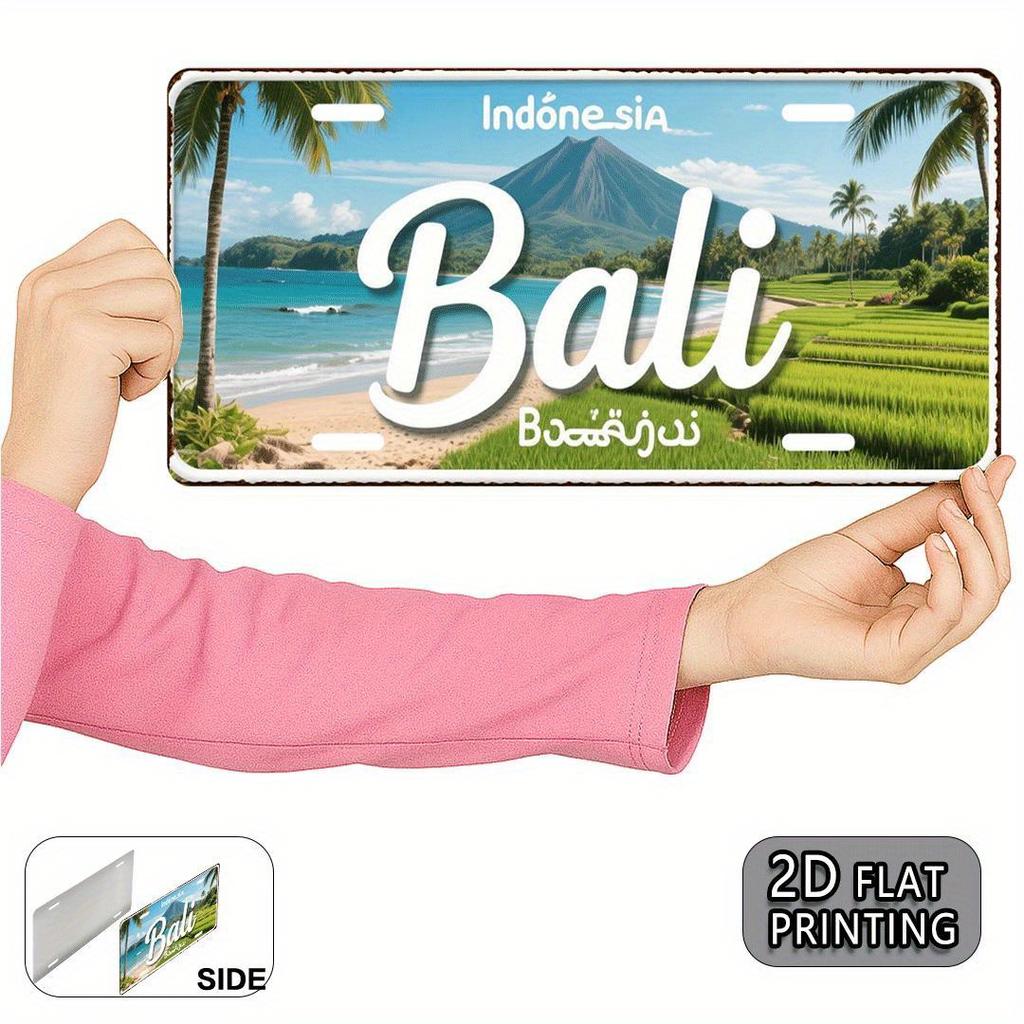 Bali Indonesia Vintage Metal License Plate -  Aluminum Wall Art with Tropical Beach & Volcano Design, Rustic Home Decor for Li