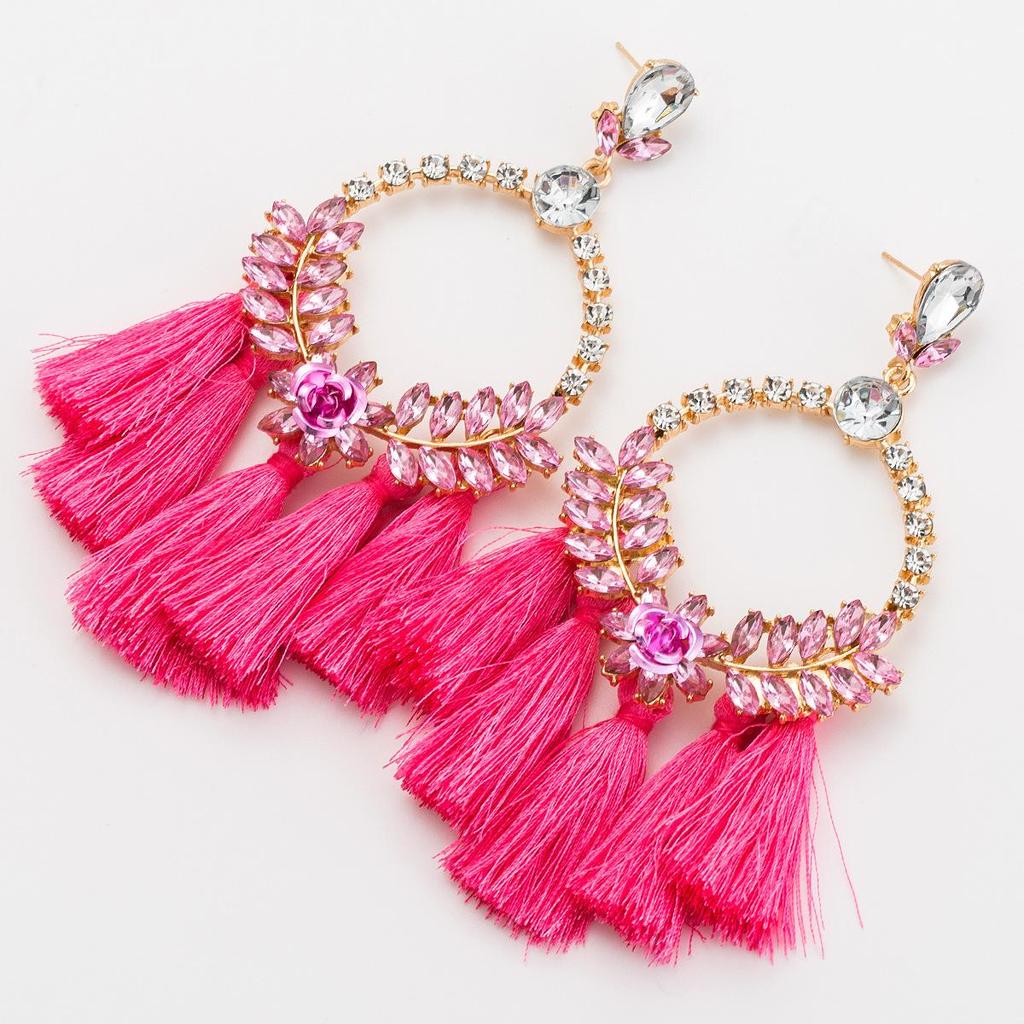 Women's Earring Exaggerated Flowers with Diamonds Tassel Acrylic Earrings Bohemian Temperament Female Earrings
