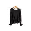 Women's Classic Black & White Color Block Crew Neck Long Sleeve T-Shirt - Spring Collection Wool Acetate Lyocell Base Layer