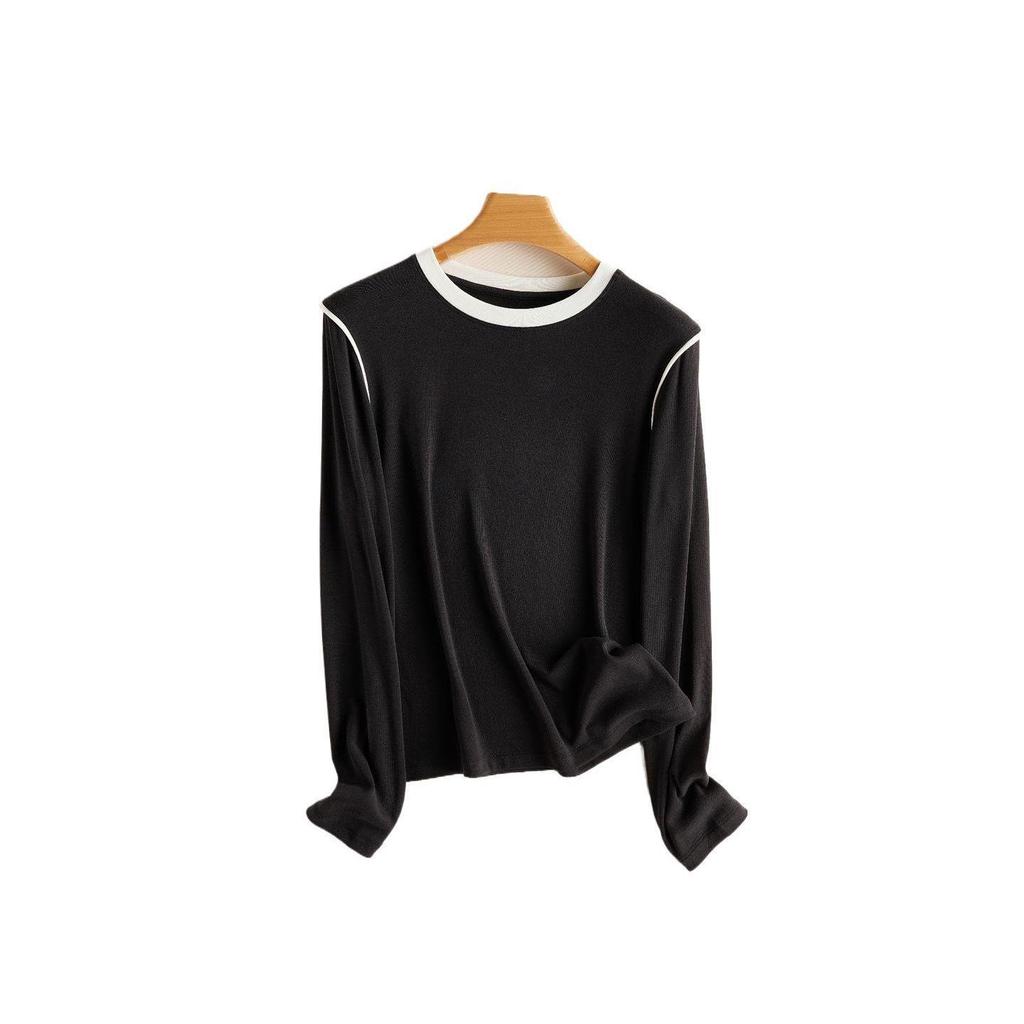 Women's Classic Black & White Color Block Crew Neck Long Sleeve T-Shirt - Spring Collection Wool Acetate Lyocell Base Layer