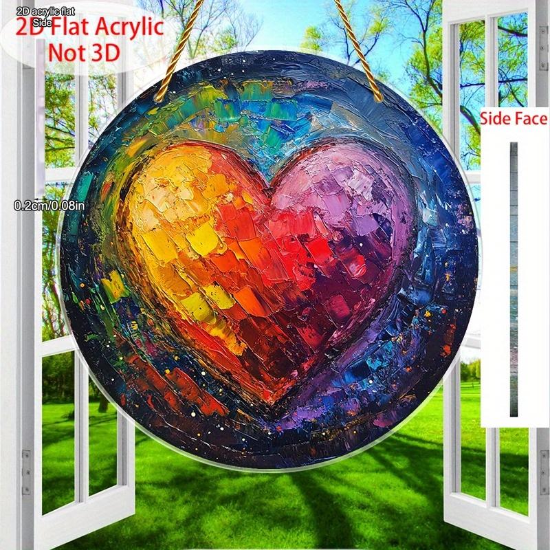 Acrylic Vintage Rainbow Heart Suncatcher in a 2D Flat Design, Ideal for Decorating Walls. This Round Sign Is Perfect for Window Sills, Porches