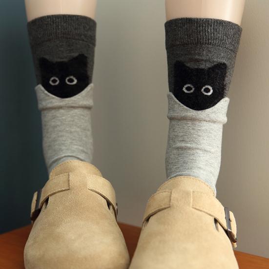 1 Pair Cartoon Cat Socks Autumn Winter Moisture Wicking Knitted Mid-calf Stretch Men Women