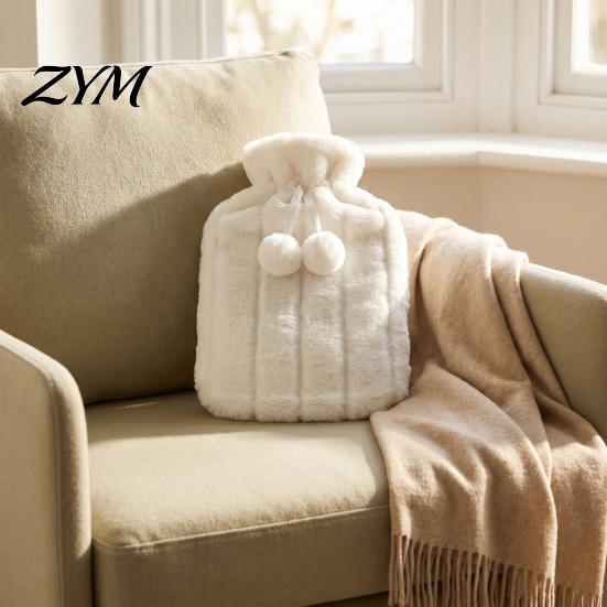 Reusable Hot Water Bag 2L Bottle with Plush Cover, Pompom Drawstring Explosion Proof Bag, Winter Warm for Hands, Feet, Stomach 2000ML
