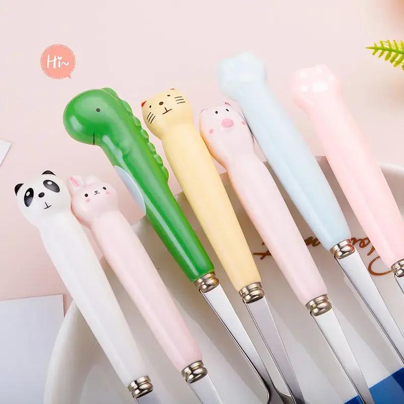Cartoon Bear Dragon Spoon Fork Chopsticks Cutlery Set For Kids School Cute Portable Stainless Steel Tableware Kitchen Utensils