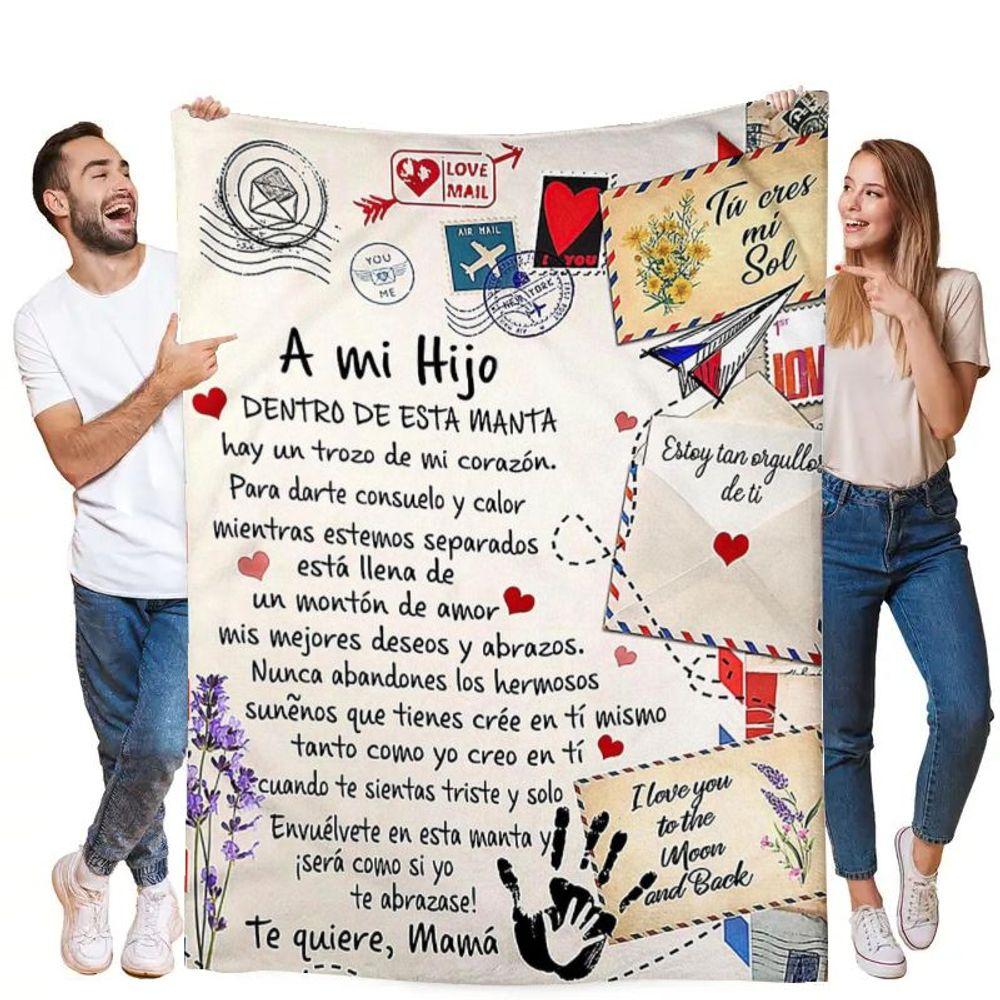 Heartfelt Son Blanket with Love Notes and Warm Messages - Soft Cozy Throw with Vintage Design Featuring 'A mi Hijo' and Adorable