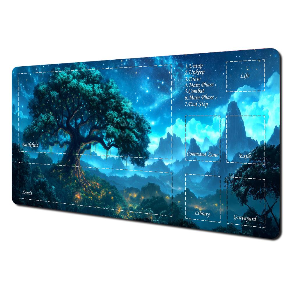 Stain Resistant NonSlip PTCG Game Mat Glowing Starry Sky Ancient Tree Design Card Playmat Smooth Gaming Mouse Pad