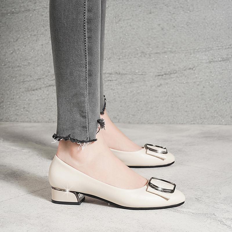 Brand Shoes Thick Heel Ladies Pumps Genuine Party Wedding Shoes Women Soft Cowhide Black Office Work Shoes