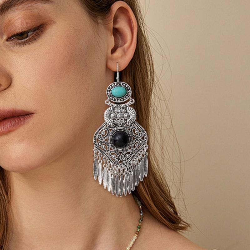 Artisanal Tribal Styles Drop Earrings With Natural Stone Accent Sturdy Alloy Retro Fringe Designs