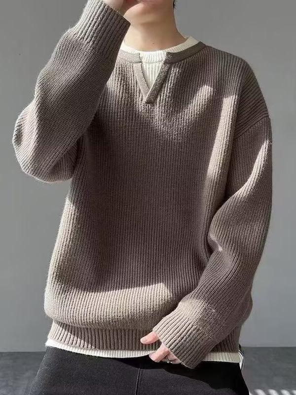 Men's Trendy Hong Kong Style Patchwork Sweater - Winter Round Neck Old Money Knitwear Casual Base Layer