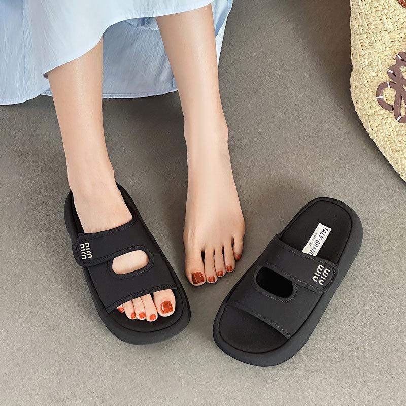 Thick bottom heightening Velcro one-word slippers women's summer new versatile light fashion casual sandals