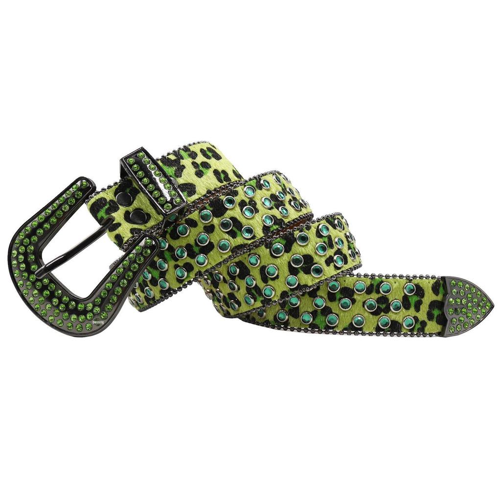 Leopard Print Rhinestone Leather Belt - Y2K Style for Women