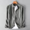 Men's Spring and Autumn Plus Size Casual Striped Sleeve Shirt, Youth Stand Up Collar, Breathable and Comfortable Top