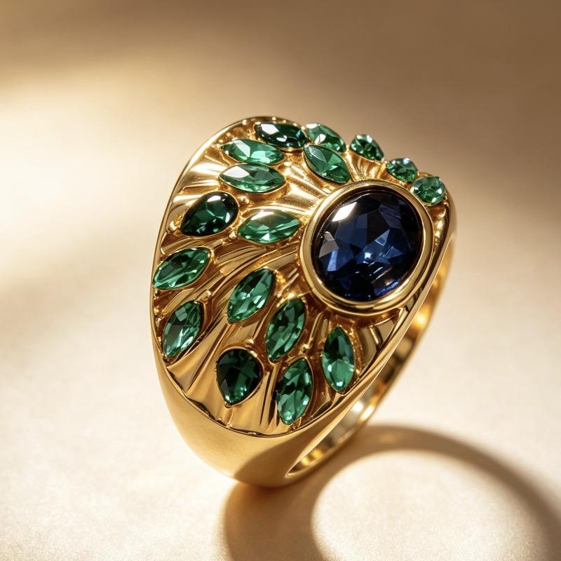 Luxury Erjie 2026 New Women's Gold-plated Peacock Emerald Ring, Feather Style Fashion Versatile Jewelry