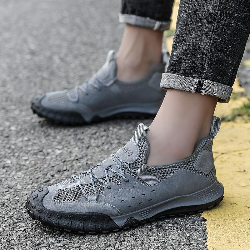 Summer new Korean version hollow mesh shoes men's breathable pigskin outdoor casual shoes men's lace-up mesh shoes