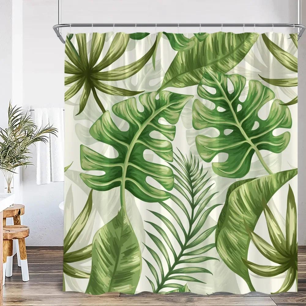 Modern Simple Tropical Leaves Shower Curtain Monstera Palm Leaf Greening Bathroom Decorative Polyster Shower Curtain With Hook