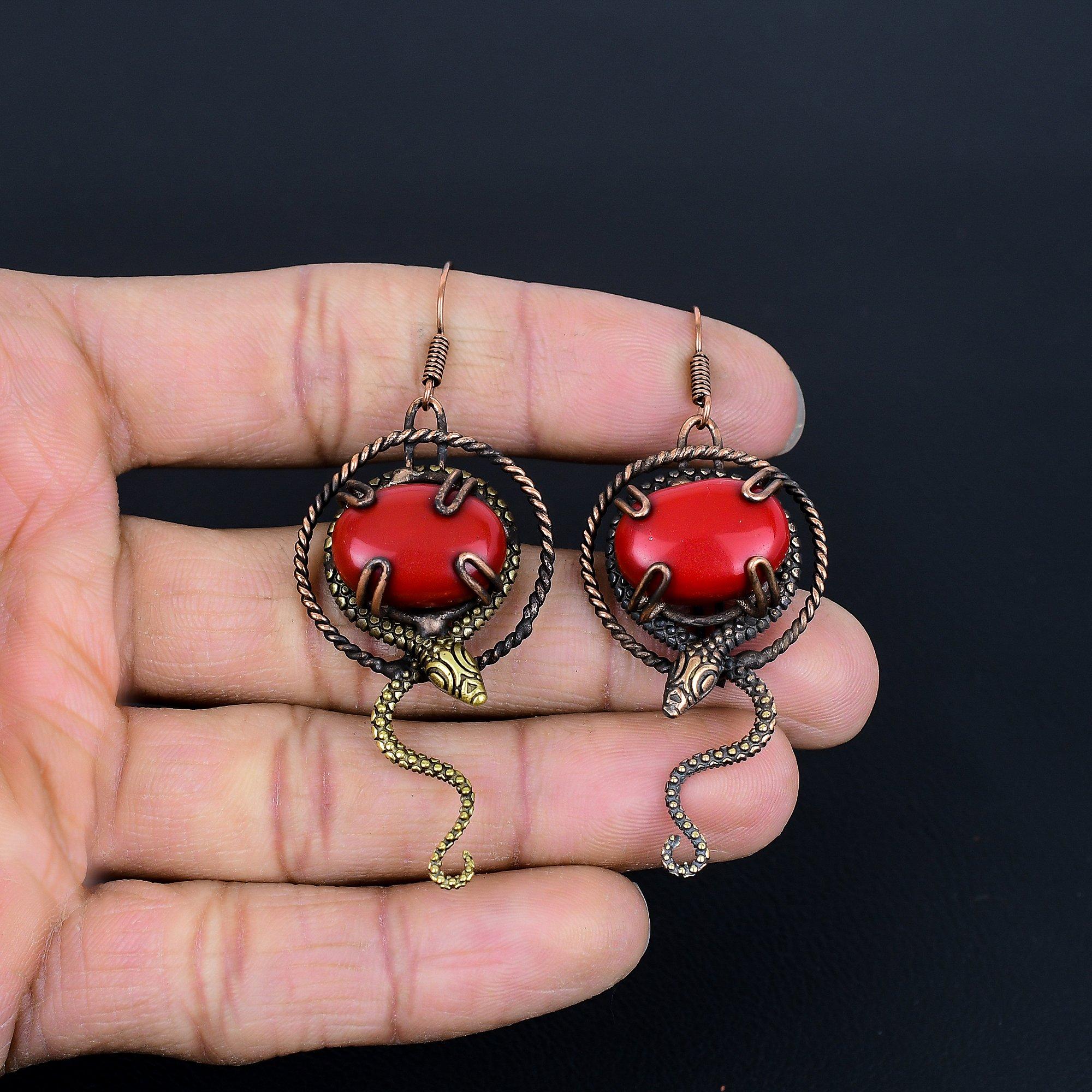 

Серьги из красного коралла ручной работы, обернутые медной проволокой 999 пробы, антикварные украшения, для подарка на помолвку 2.75 Inches красный