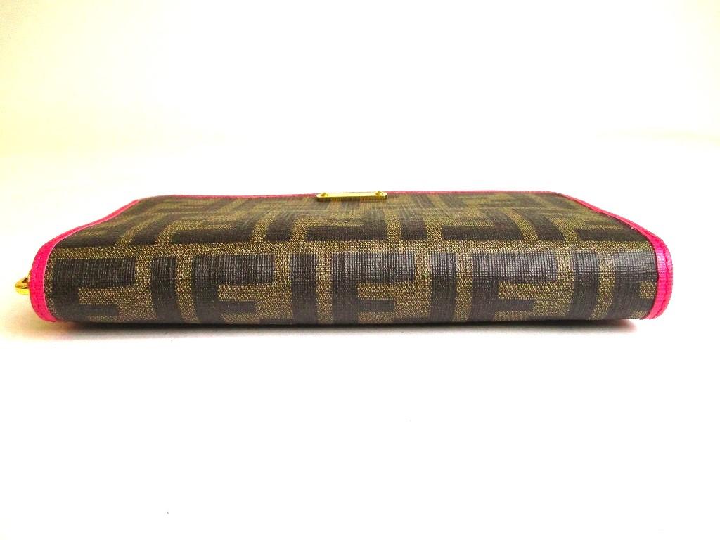 Authentic FENDI Zucca Khaki Canvas Shocking Pink Leather Round Zip Long Wallet #a221  Refurbished