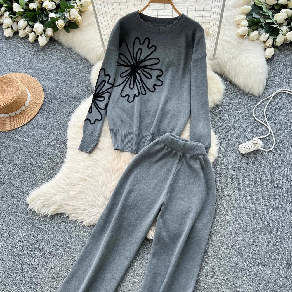 Herbst Winter Damen Blumenstickerei Strickpullover Hose Zweiteiler Langarm Pullover Oberteile und Weitbein Hose Trainingsanzug
