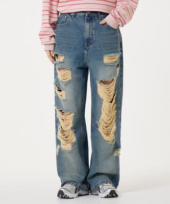 UNKNOWN PLANET Distressed Wide Denim Pants Sand Blue