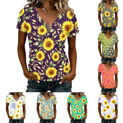 Women's Casual V Neck Short Sleeve Floral Print T Shirt Top Lightweight Comfortable Fit Soft Fabric Summer Tee