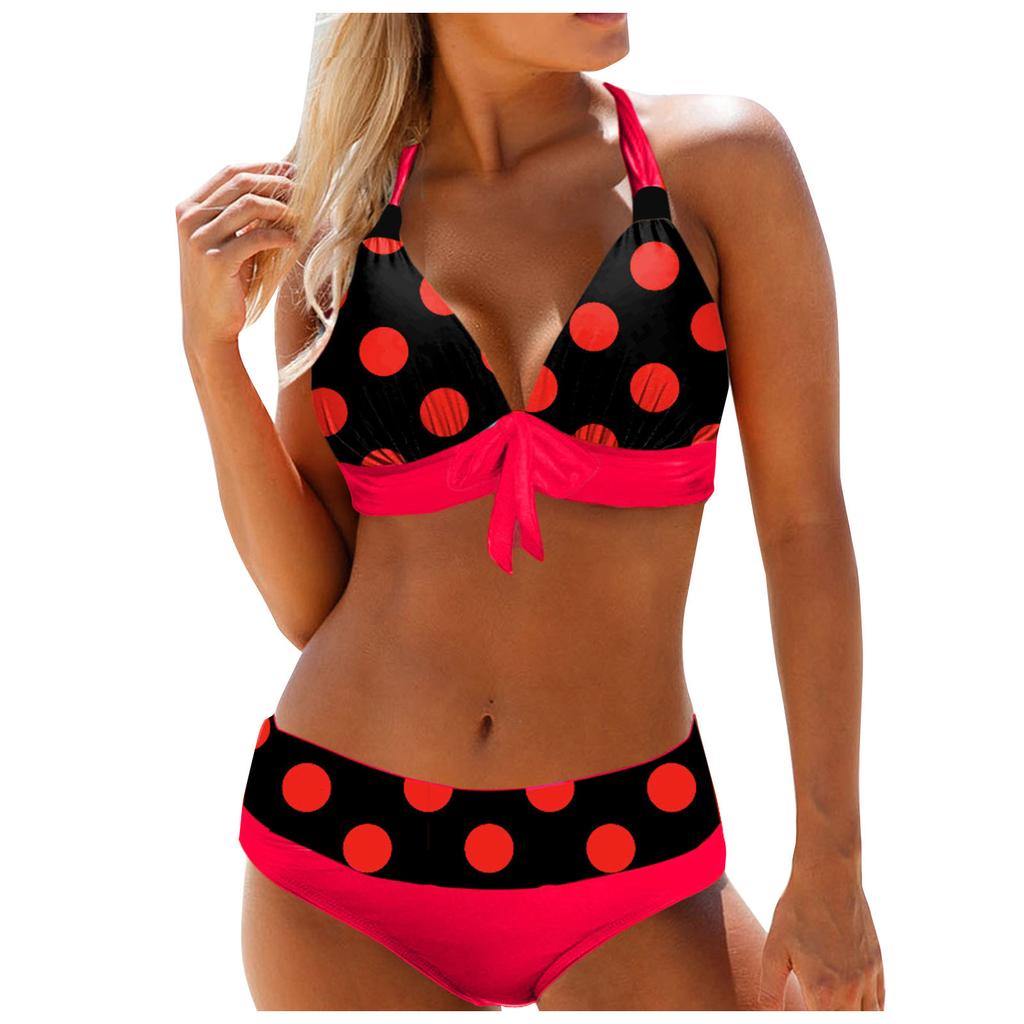 Women's High Waist Sexy Polka Dot Bikini Split With Chest Pads Without Bra Swimsuit