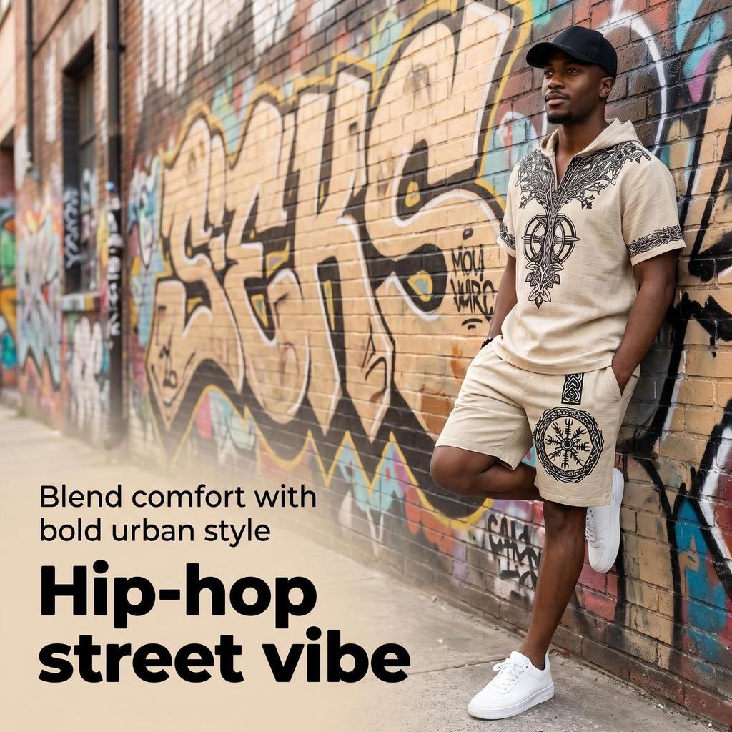 Men's European and American Casual Breathable Bamboo-Linen Hooded Shorts Set