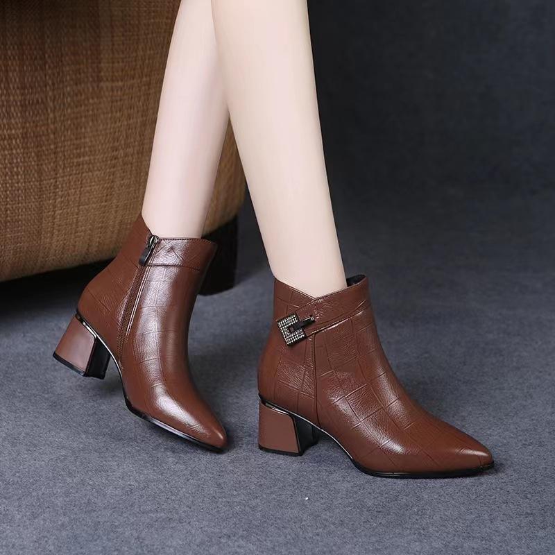Soft leather thick heel high heel autumn and winter new short boots women's fashion versatile pointed non-slip side zipper Martin boots