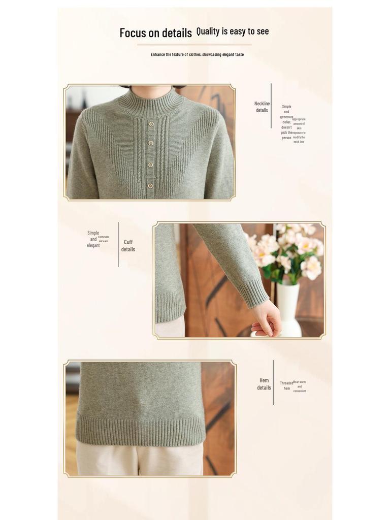 2024 Women's Autumn/Winter Semi-High Collar Long-Sleeve Knitted Top for Middle-Aged and Elderly.