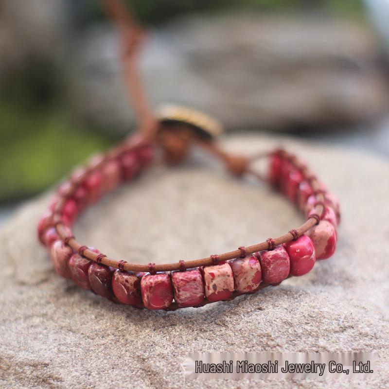 Freeform Shoushan Stone 5x7 Emperor Leather Woven Bohemian Bracelet