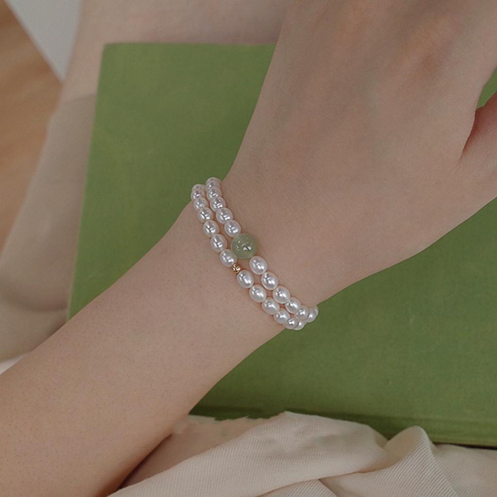 Natural Hetian jade bead bracelet female summer ins niche design pearl bracelet girlfriend double female gift light luxury