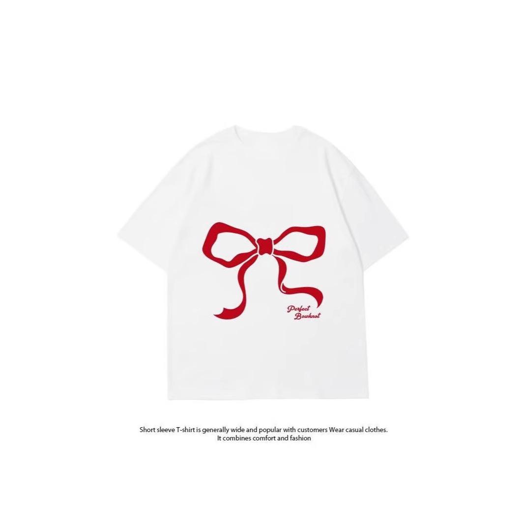 

Summer 2025 Unisex Loose Fit Bow Print Half Sleeve T-Shirt Medium