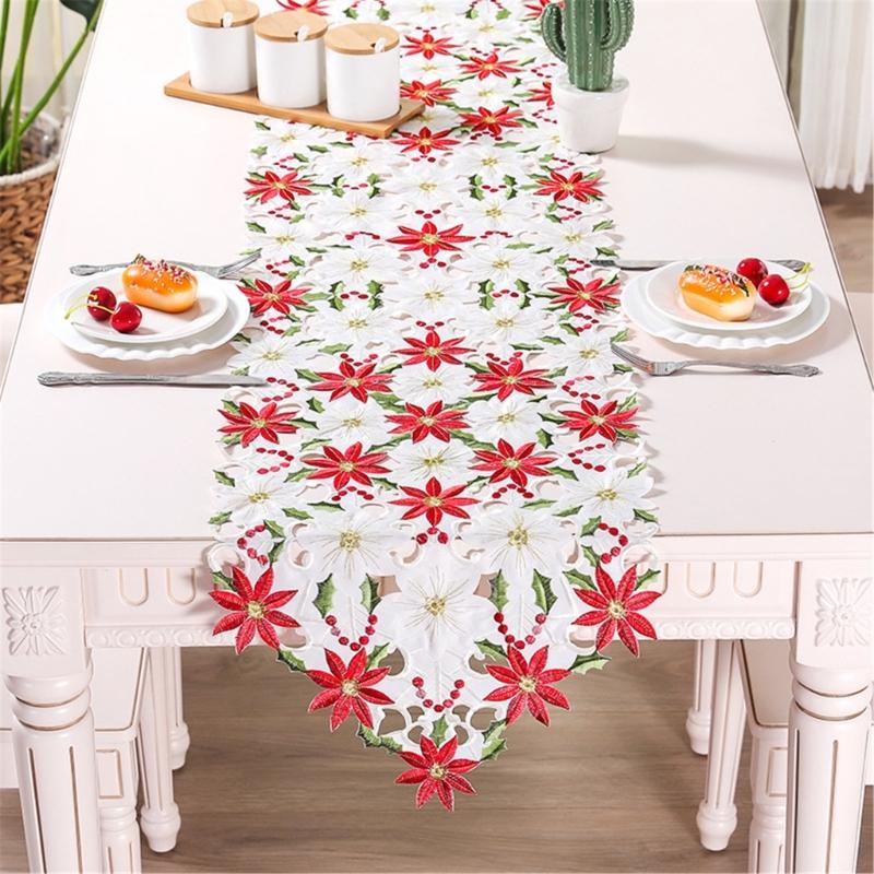 Linen Table Runner Long Embroidered Rustic Table Linen Flower Pattern Hollow Table Cover Dining Room Decoration Home Use