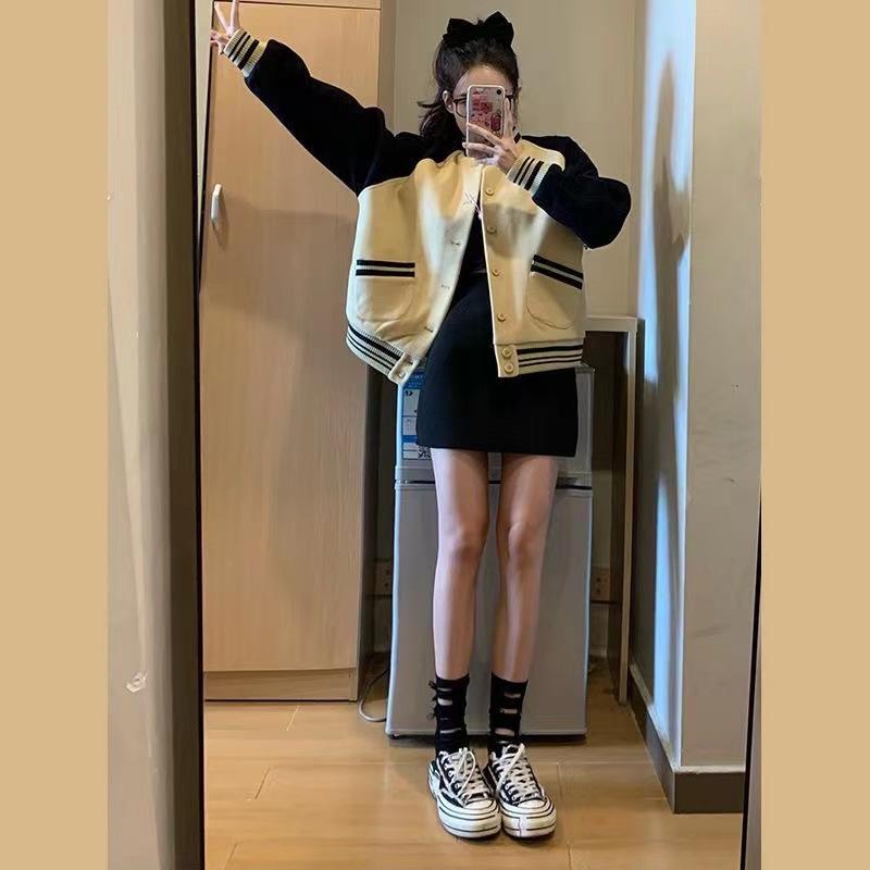 Women's Color Block Varsity Baseball Jacket 2026 Spring Autumn Thin Retro American Oversized Long Sleeve Bomber Coat For Petite Ladies
