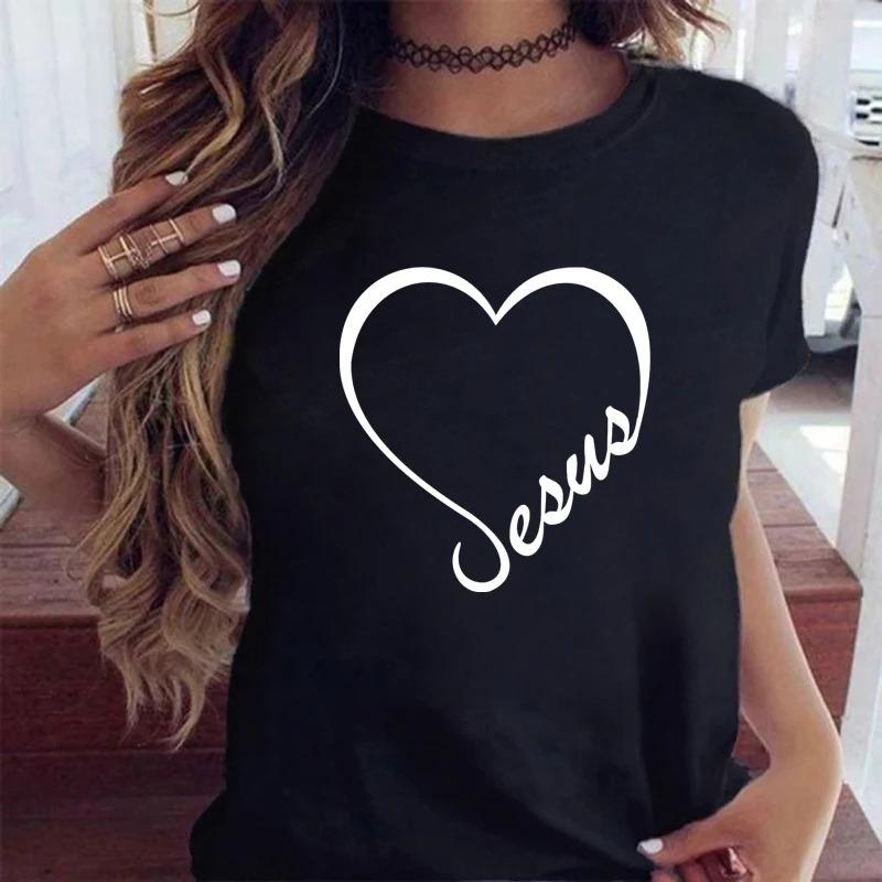 Comfortable Fabric TShirt Womens Summer Shortsleeve Shirt Tops Crew Neck Top Heartbeat Pattern Print Clothes Tops