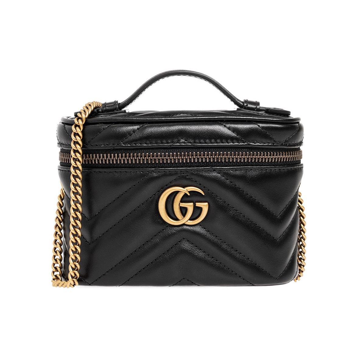 

Gucci GG Marmont Black Leather Chevron Quilted Mini Vanity Case Chain Crossbody Bag For Women Daily Use Box(Basic Set+Box)