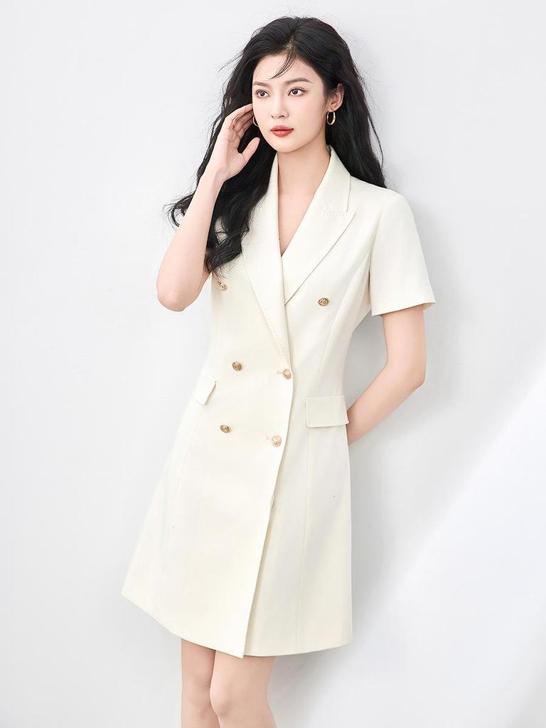 Women's Summer High-End Double-Breasted Slimming Suit Dress with Turn-Down Collar